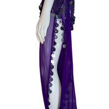 Load image into Gallery viewer, Purple Coin Slit Dance Pants – Sheer Belly Dance Festival Pants
