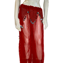 Load image into Gallery viewer, Red Coin Slit Dance Pants – Sheer Belly Dance Festival Pants