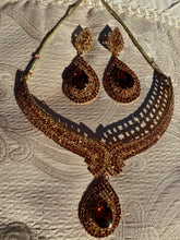 Load image into Gallery viewer, Rose Gold Crystal Statement Necklace Set with Ruby Drops – Indian Party Jewelry