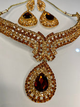 Load image into Gallery viewer, Rose Gold Crystal Statement Necklace Set with Ruby Drops – Indian Party Jewelry