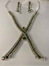 Load image into Gallery viewer, Olive Green Crystal X Lariat Necklace Set – Silver Indian Party Jewelry