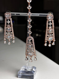 Modern Rose Gold Emerald Cut Stones Choker Necklace Set w/ Tikka and Earrings