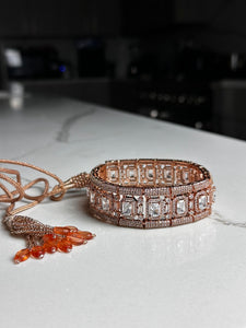 Modern Rose Gold Emerald Cut Stones Choker Necklace Set w/ Tikka and Earrings