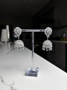 Small Silver with White Rhinestones Flower Jhumka Earrings