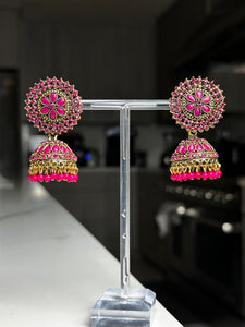 Magenta Gold Kundan Jhumka Earrings