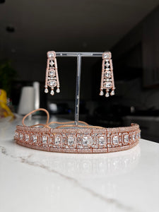Modern Rose Gold Emerald Cut Stones Choker Necklace Set w/ Tikka and Earrings