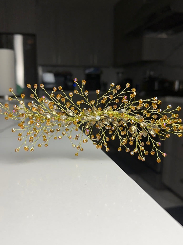 Gold with Gold Rhinestones Flower Hair Accessory Gajra
