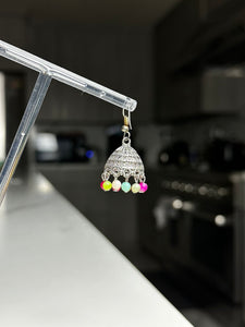 Mini Silver Jhumka Earrings w/ Multi Color Beads