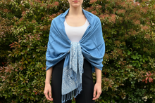 Load image into Gallery viewer, Blue w/White Border Design Pashmina Shawl
