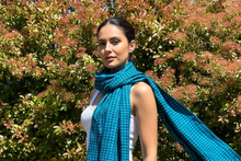 Load image into Gallery viewer, Woman wearing a blue checkered scarf outdoors with greenery in the background
