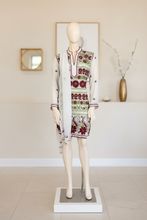 Load image into Gallery viewer, White Georgette Kurta Set with Maroon &amp; Olive Panel Embroidery + Matching Scarf – Sheer Tunic
