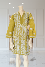 Load image into Gallery viewer, Mustard Green w/Full White Embroidery Cotton Kurta
