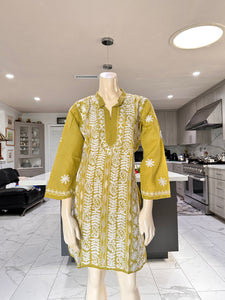 Mustard Green w/Full White Embroidery Cotton Kurta