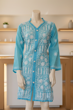 Load image into Gallery viewer, Pastel Sky Blue w/White Floral Cotton Embroidered Button-Front Kurta
