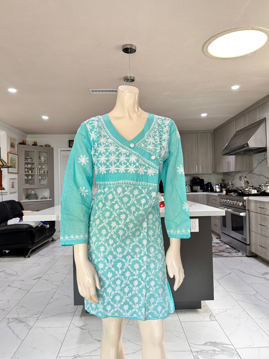 Pastel Sea Green Full White Embroidery Cotton Kurta