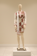 Load image into Gallery viewer, White Georgette Kurta Set with Red Floral Embroidery + Matching Scarf – Sheer Tunic
