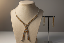 Load image into Gallery viewer, Gold Crystal X-Necklace Set – Rhinestone Lariat Statement Jewelry
