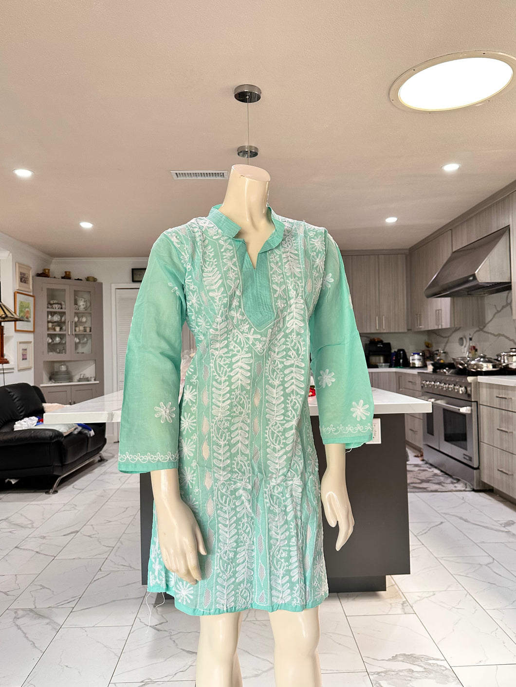 Pastel Sea Green w/Full White Embroidery Cotton Kurta