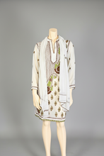 Load image into Gallery viewer, White Georgette Kurta with Brown &amp; Olive Embroidery + Matching Scarf – Sheer Tunic
