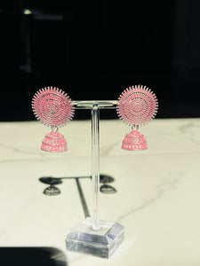 Pink-Silver Circular Lightweight Jhumki Earrings