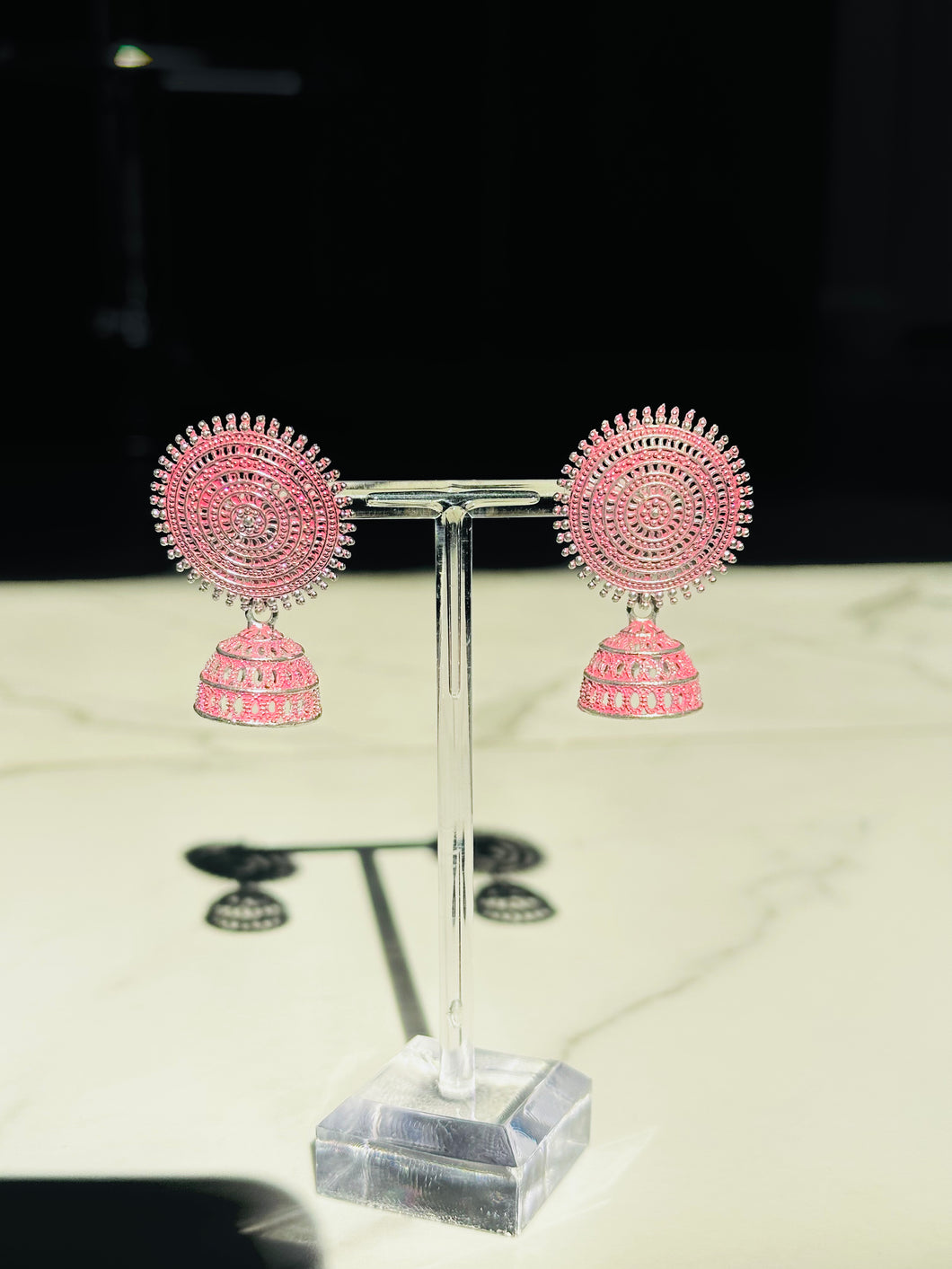 Pink-Silver Circular Lightweight Jhumki Earrings