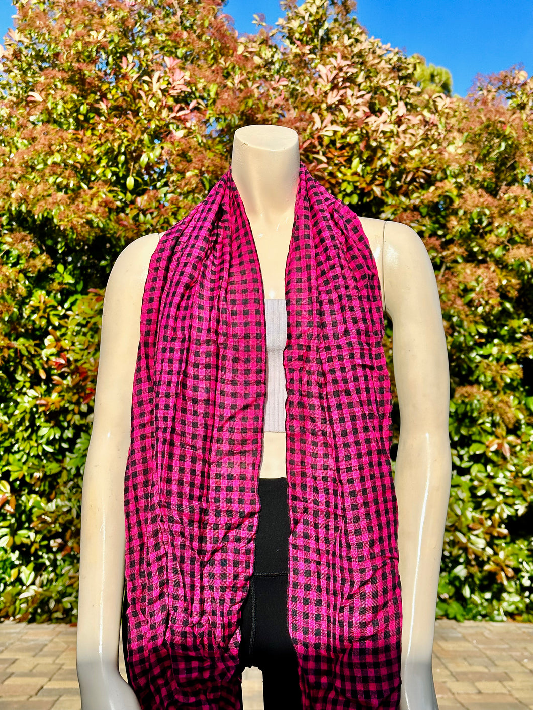 2010s Style Magenta Plaid Cotton Scarf
