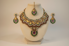 Load image into Gallery viewer, Jodha Akbar Style Statement Necklace Set with Tikka, Pink &amp; Green Crystals – Indian Party Jewelry
