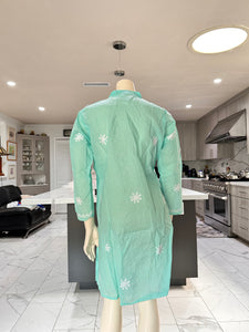 Pastel Sea Green w/Full White Embroidery Cotton Kurta