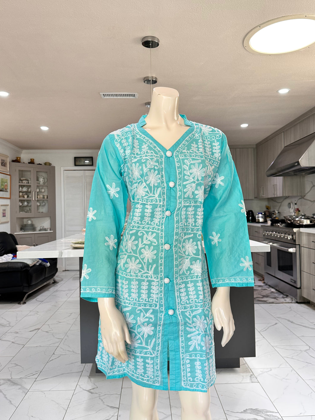 Pastel Ocean Blue w/White Floral Embroidery Cotton Kurta