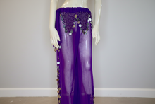 Load image into Gallery viewer, Purple Coin Slit Dance Pants – Sheer Belly Dance Festival Pants
