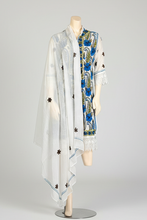 Load image into Gallery viewer, White Georgette Kurta Set with Blue Floral Embroidery + Matching Scarf – Sheer Tunic
