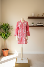 Load image into Gallery viewer, Coral w/White Floral Cotton Embroidered Button-Front Kurta
