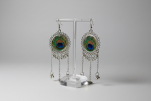Load image into Gallery viewer, Long Silver Circular Shaped Peacock Earrings
