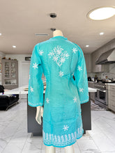 Load image into Gallery viewer, Pastel Ocean Blue w/White Floral Embroidery Cotton Kurta
