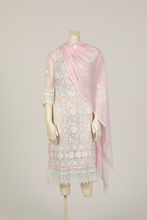 Load image into Gallery viewer, Blush Pink Embroidered Georgette Kurta Set with Lace Sleeves + Matching Scarf – Sheer Tunic

