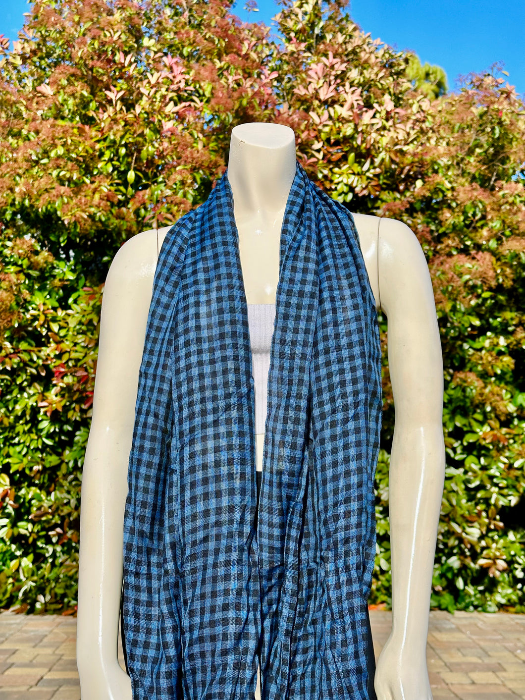 2010s Style Blue Plaid Cotton Scarf