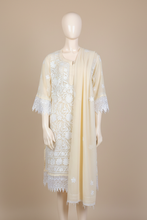 Load image into Gallery viewer, Ivory Embroidered Georgette Kurta Set with Lace Sleeves + Matching Scarf – Sheer Tunic
