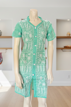 Load image into Gallery viewer, Sea Green w/White Floral Embroidery Half Sleeve Cotton Embroidered Button-Front Kurta
