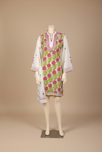 Load image into Gallery viewer, White Georgette Kurta with Pink &amp; Green Floral Embroidery – Sheer Tunic + Matching Scarf
