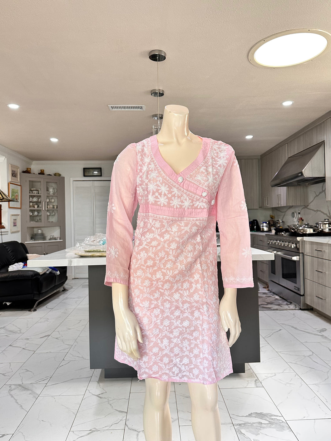 Light Pink Full White Embroidery Cotton Kurta