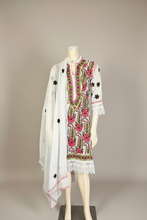 Load image into Gallery viewer, White Georgette Kurta Set with Pink Floral Embroidery + Matching Scarf – Sheer Tunic
