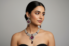 Load image into Gallery viewer, Purple Crystal Statement Necklace Set – Silver Indian Party Jewelry
