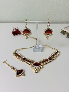 Faux Ruby Triangles Necklace Set w/Tika