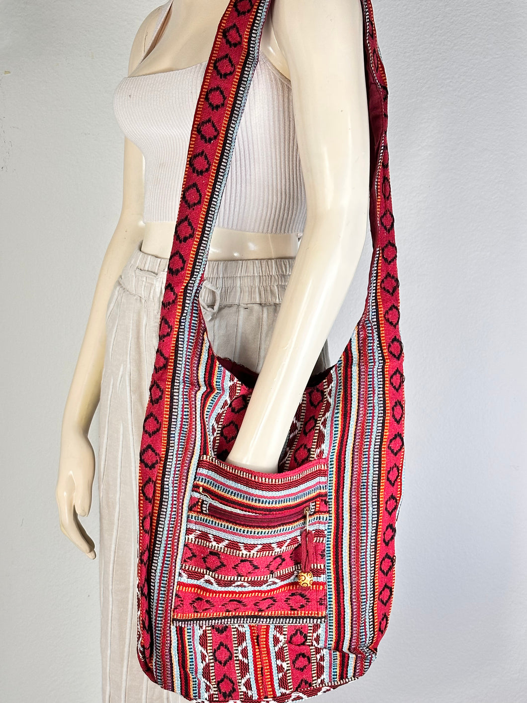 Red Tribal Stitched Crossbody Bag